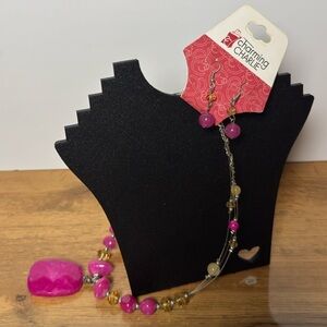 NWT Charming Charlie Hot Pink and Yellow Beaded Necklace and Earrings Set